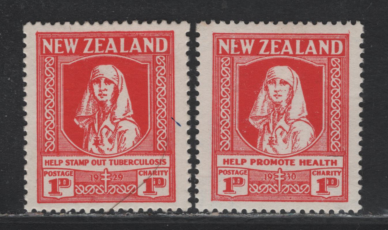 Lot 355 New Zealand SG#544-545 1d+1d Scarlet , 1929-1930 Health Issue, 2 VFOG Singles