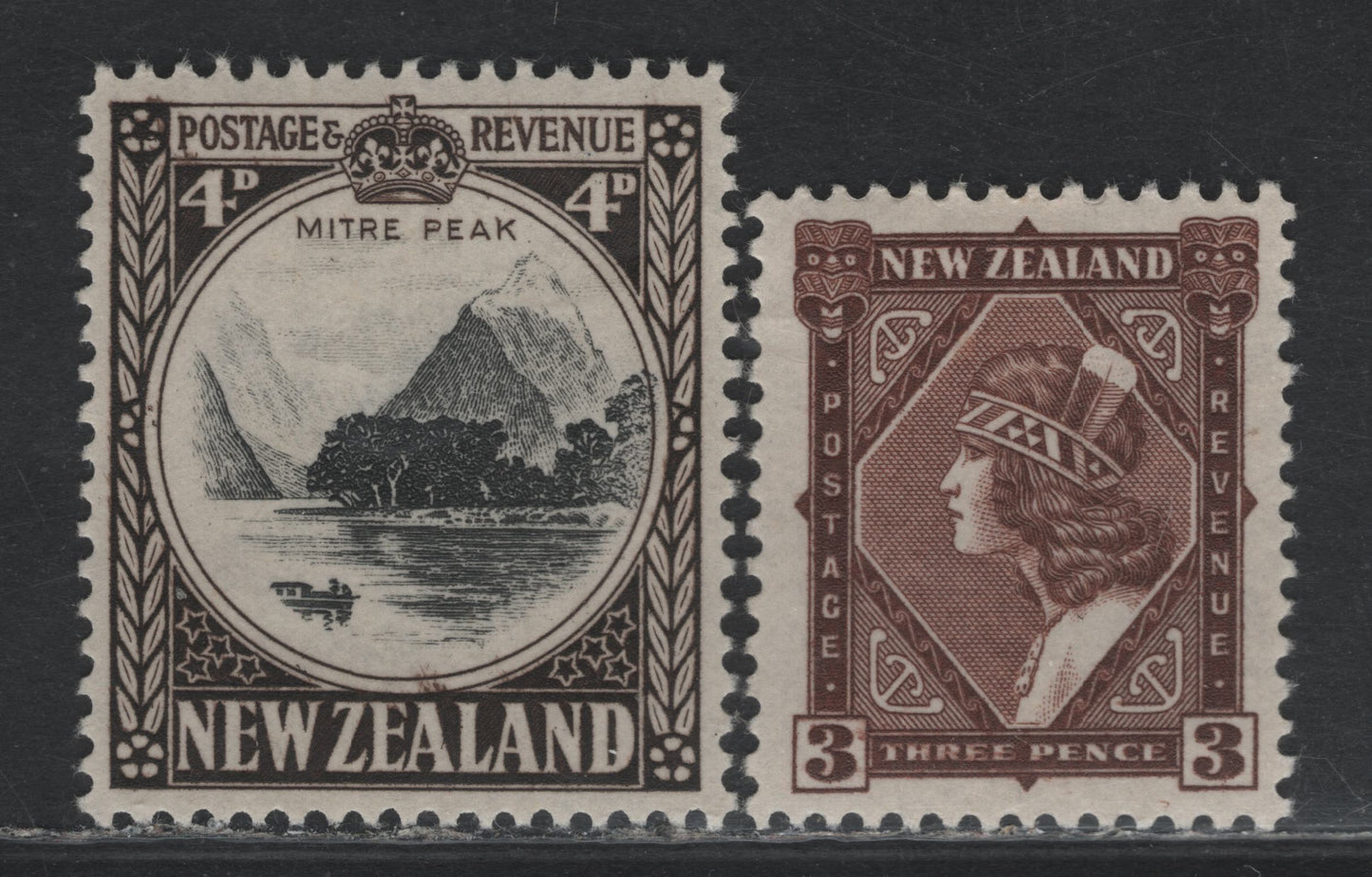 Lot 363 New Zealand SG#561-562 3d - 4d Brown - Black & Sepia , 1935-1936 Pictorial Issue, 2 VFOG Singles, Perfs 14x13.5 & 14