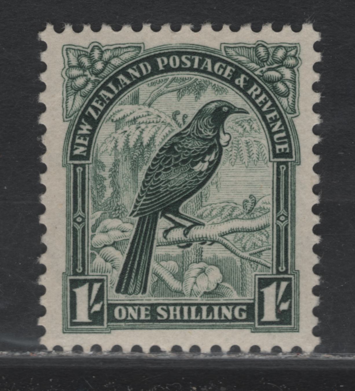 Lot 366 New Zealand SG#567 1/- Deep Green , 1935-1936 Pictorial Issue, A VFOG Single, Perf 14x13.5, Split Watermark