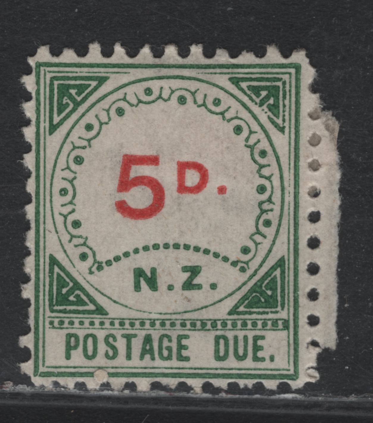 Lot 369 New Zealand SG#D6 5d Carmine & Green , 1899-1900 Postage Due Issue, A FOG Single, Type 1, Circle of 14 Ornaments & 17 Dots over NZ, Small D, Perf 11.