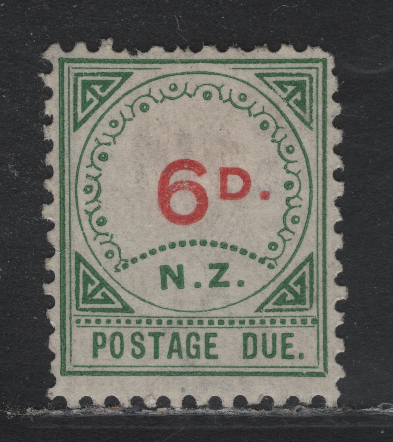 Lot 370 New Zealand SG#D7 6d Carmine & Green , 1899-1900 Postage Due Issue, A FOG Single, Type 1, Circle of 14 Ornaments & 17 Dots over NZ, Small D, Perf 11.