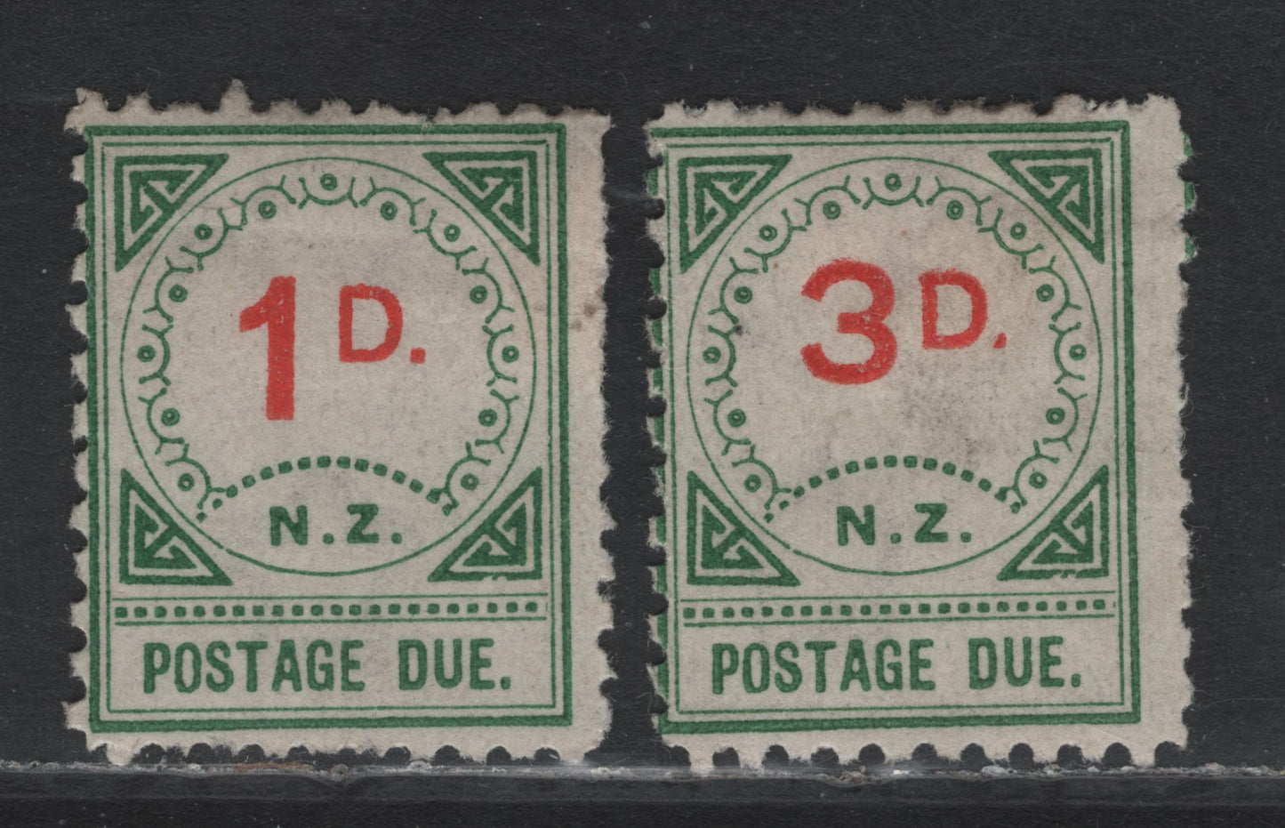 Lot 372 New Zealand SG#D10, D12 1d & 3d Vermillion & Green , 1899-1900 Postage Due Issue, 2 G/VGOG Singles, Type 2, Circle of 13 Ornaments & 15 Dots over NZ, Large D, Both Have Several Short Perfs.