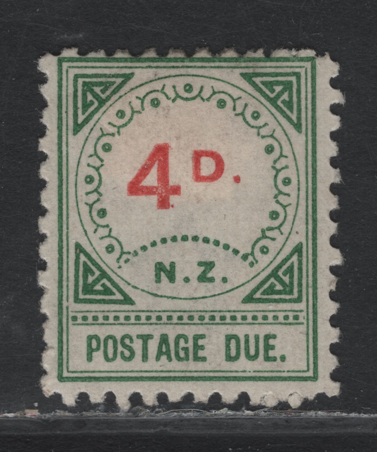 Lot 373 New Zealand SG#D16 4d Vermillion & Green , 1899-1900 Postage Due Issue, A FOG Single, Type 2, Circle of 13 Ornaments & 15 Dots over NZ, Small D