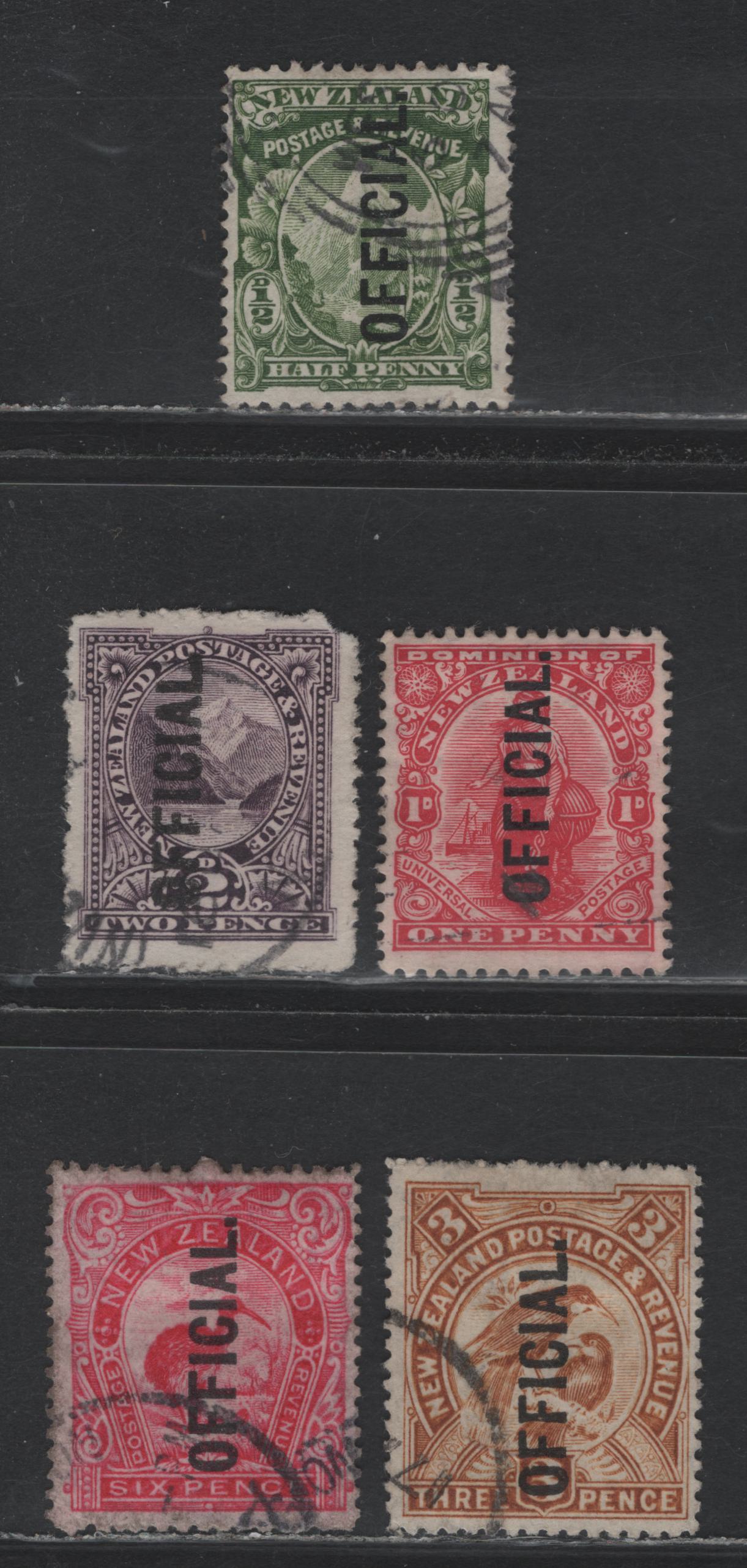 Lot 374 New Zealand SG#O69, O78, O61, O63, O64 1/2d - 6d Green - Bright Carmine Pink , 1907-1911 Official Overprinted Pictorial Issue, 5 Fine/Very Fine Used Singles, Star & NZ Wmk, Cowan Paper, Perfs 14 and 14x15.