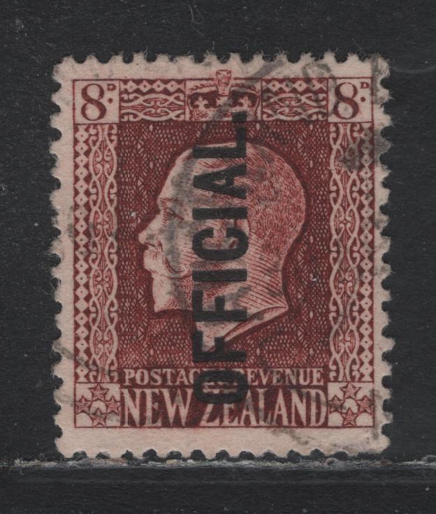 Lot 378 New Zealand SG#O103 8d Red Brown , 1915-1927 Official Overprinted KGV Engraved Perkins-Bacon Sideface Issue, A Very Fine Used Single, Perf 14x13.5, Scarce Postally Used Example