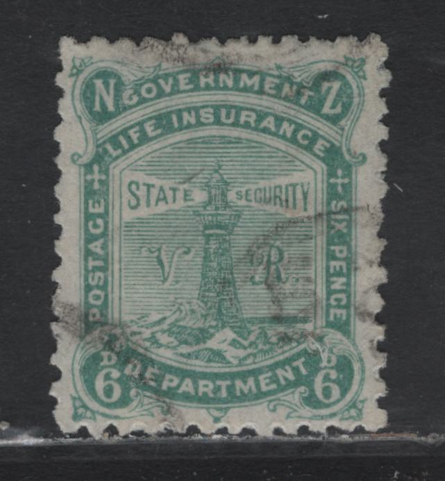 Lot 380 New Zealand SG#L5 6d Green , 1891-1898 Life Insurance Department Issue, A Very Fine Used Single, Beautifully Centered And Lightly Cancelled Example of This Scarce Stamp, Full & Even Perfs