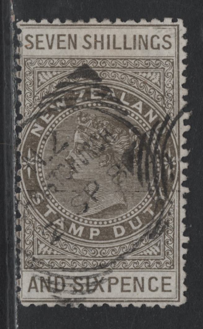 Lot 382 New Zealand SG#F16 7/6d Bronze Gray , 1882-1930 Postal Fiscal Issue, A Very Good Used Single, Perf 12, Star & NZ Wmk, 6mm Gap Between Star & NZ, Sept. 21 1881 Christchurch Squarred Circle Cancel.