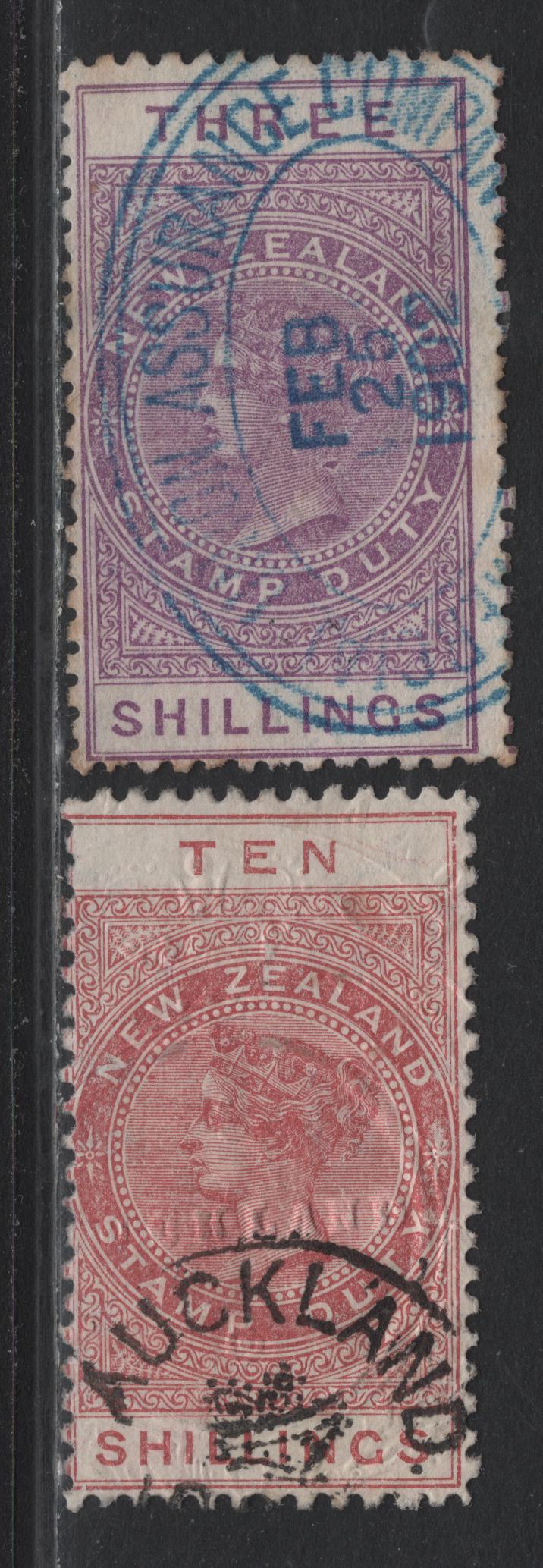 Lot 384 New Zealand (C) SG#F58, F66a 3/- - 10/- Mauve - Maroon , 1865-1901 Postal Fiscal Issue, 2 Fine Used Singles, Star & NZ Wmk, 7mm Gap Between Star & NZ, Perf 11, Fiscal Cancels.