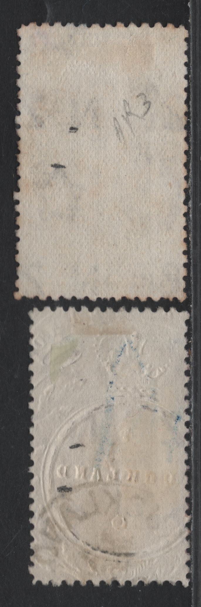 Lot 384 New Zealand (C) SG#F58, F66a 3/- - 10/- Mauve - Maroon , 1865-1901 Postal Fiscal Issue, 2 Fine Used Singles, Star & NZ Wmk, 7mm Gap Between Star & NZ, Perf 11, Fiscal Cancels.