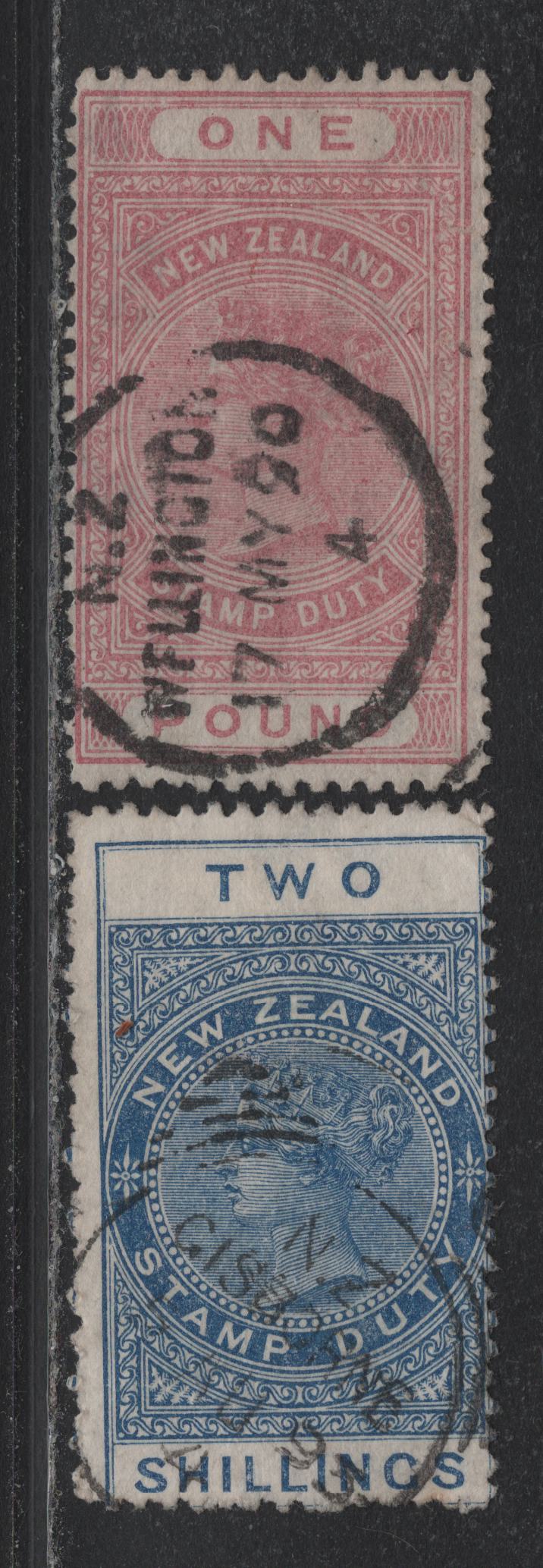 Lot 385 New Zealand (C) SG#F34, F45 2/- - £1 Blue - Pink , 1888 Postal Fiscal Issue, 2 Fine Used Singles, Star & NZ Wmk, 7mm Gap Between Star & NZ, Postal Cancels, Perf 12.5.