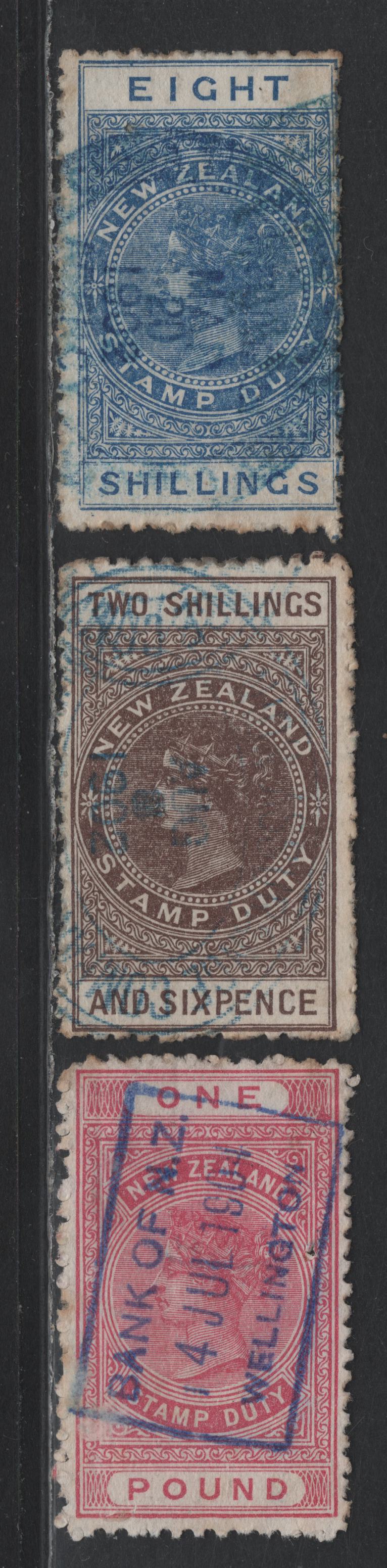 Lot 386 New Zealand (C) SG#F57, F68-F69 2/6d - £1 Brown - Pink , 1891-1901 Postal Fiscal Issue, 3 Fine Used Singles, Star & NZ Wmk, 7mm Gap Between Star & NZ, Perf 11, Fiscal Cancels, The £1 Has A Pinhole.