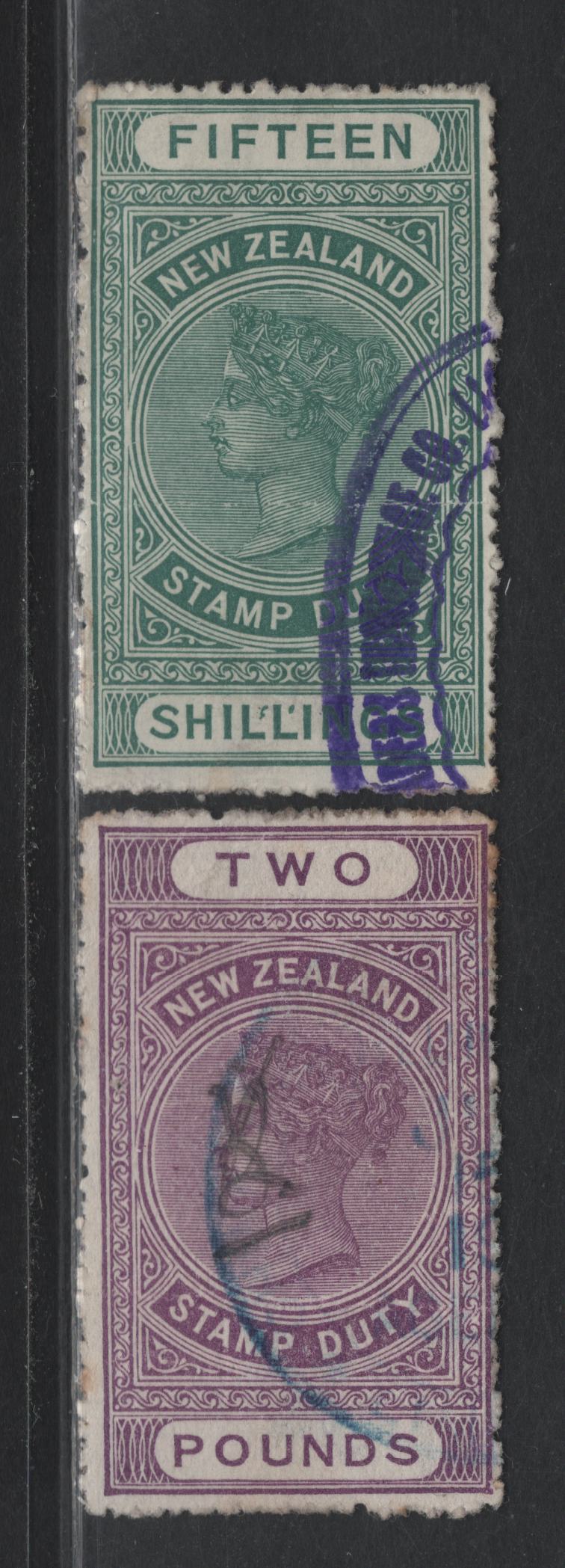 Lot 388 New Zealand (C) SG#F109 (Scott# AR43, AR45) 15/- - £2 Green - Violet , 1913 Postal Fiscal Issue, 2 Good/Very Good Used Singles, Sideways Star & NZ Wmk, Perf 14, 15/- Is On Chalky Paper & Shows An Interesting & Unlisted Flaw.
