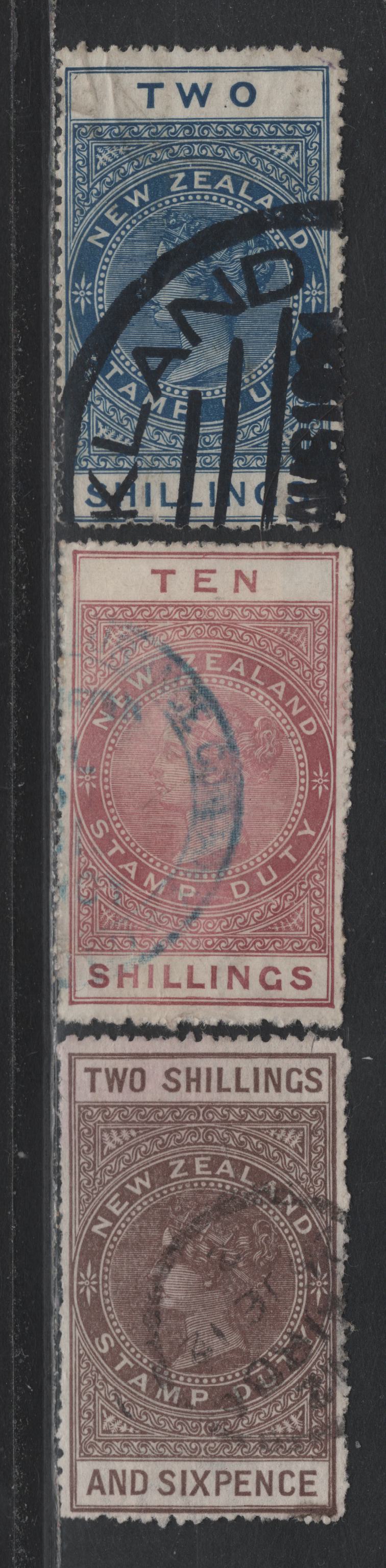Lot 389 New Zealand (C) SG#F91, F111, F120 2/6d - 10/- Brown - Maroon , 1907-1921 Postal Fiscal Issue, 3 Good/Very Good/Fine Used Singles, Perf 14.5/14 On Unsurfaced & Chalky De La Rue Papers, 2/- & 10/- Have Fiscal Cancels