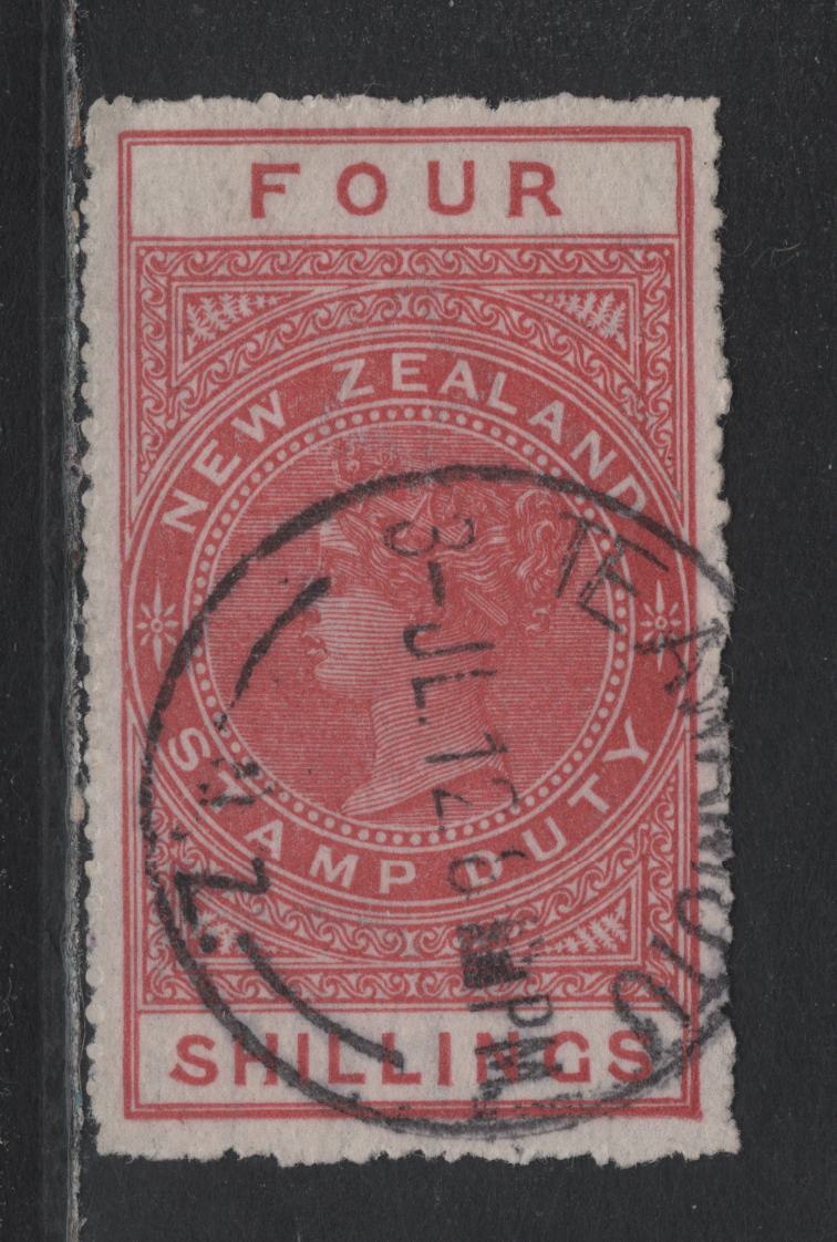 Lot 391 New Zealand (C) SG#F93 4/- Orange Red , 1907 Postal Fiscal Issue, A Very Fine Used Single, Unsurfaced Cowan Paper, Te Amarutu Cancel Dated July 3 1912, Comb Perf 14.5x14.