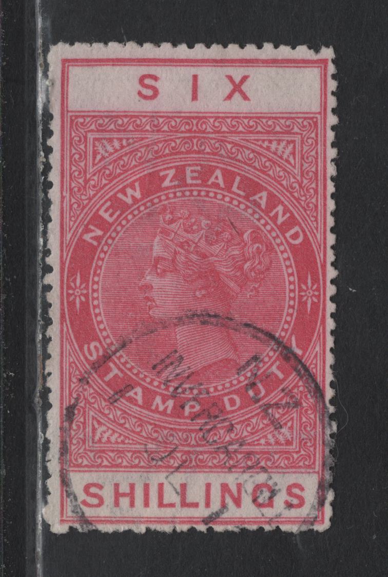 Lot 392 New Zealand (C) SG#F94 6/- Rose , 1907 Postal Fiscal Issue, A Very Fine Used Single, Unsurfaced Cowan Paper, Per 14.5x14, Postally Used With Invercargill CDS Cancel.