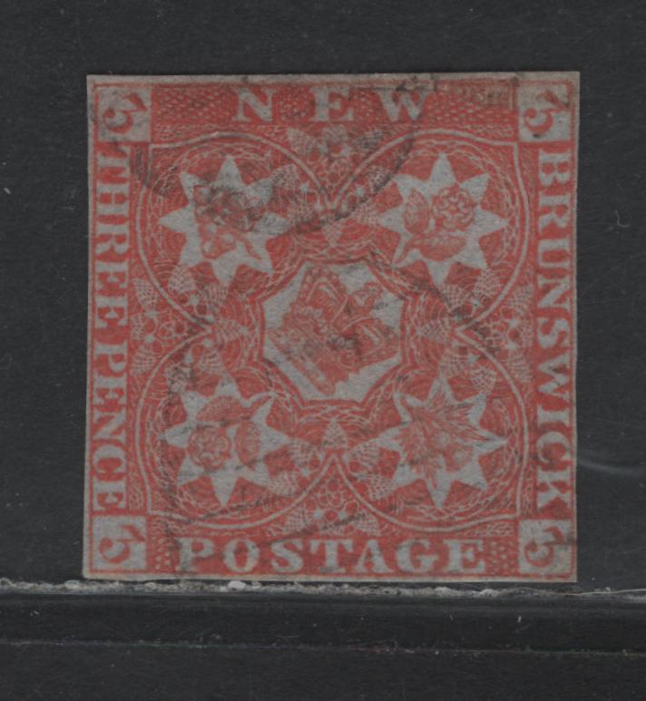 Lot 393 New Brunswick (C) SC#1 3d Red , 1851 Pence Issue, A Very Good Used Single, Lightly Cancelled 4 Margin Example With Very Close Margins, Margin Above 'New" Being Expertly Added & Design Painted In