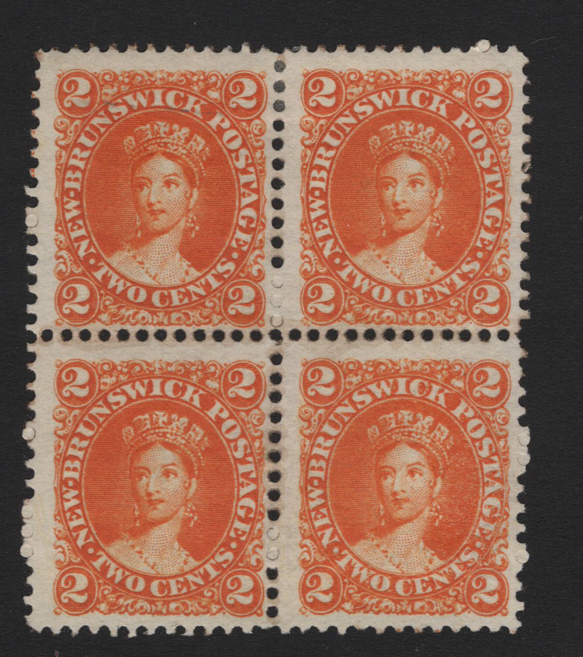 Lot 394 New Brunswick (C) SC#7 2c Orange , 1860 Queen Victoria Issue, A FOG/NH Block Of 4, Perf 12.1x11.7, Bottom 2 Stamps NH, Top 2 Hinged, Some Gum Soaks Which Occurred During Gumming, As This Issue Was Gummed After Perforating.