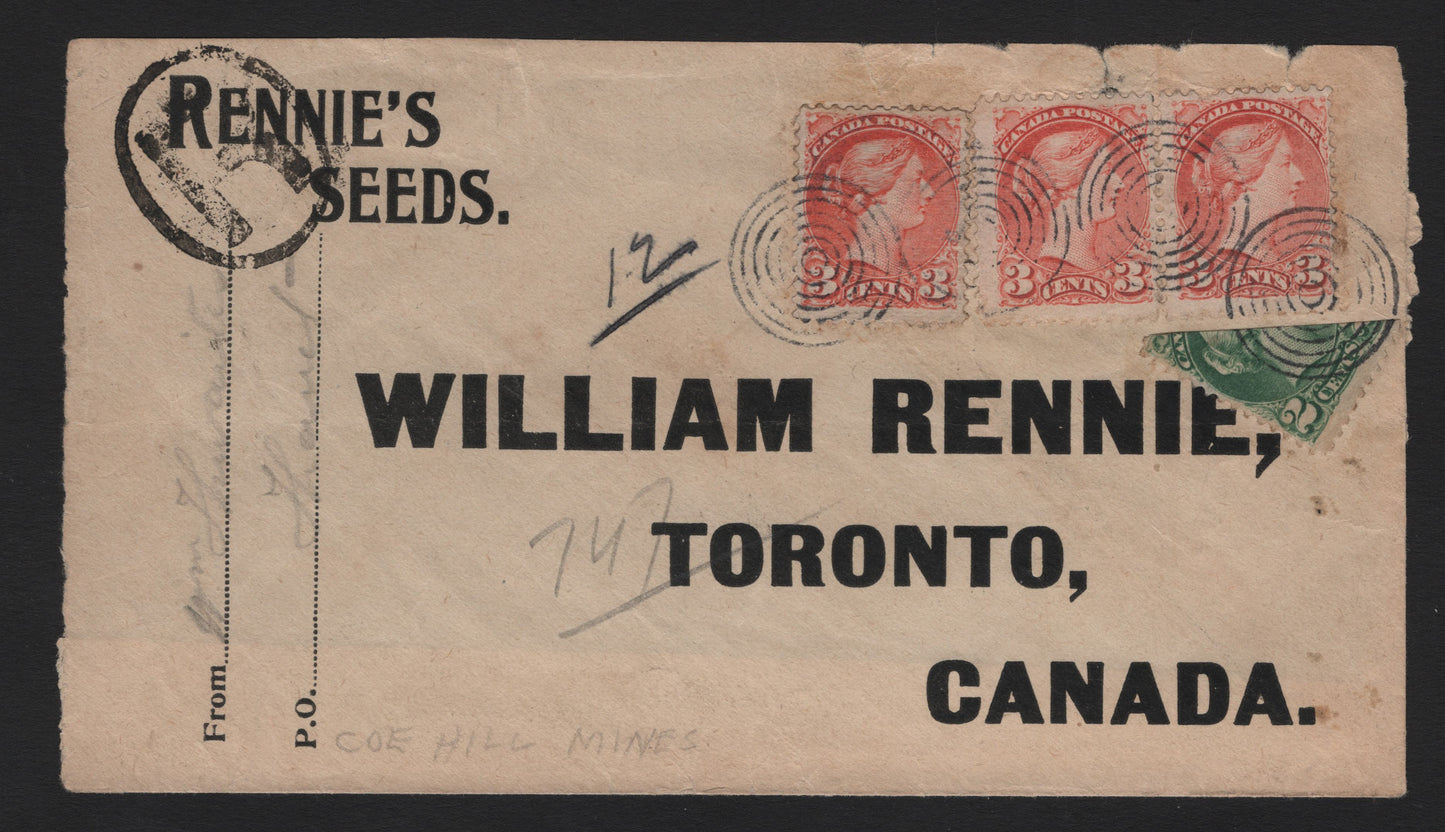 Lot 399 Canada (C) SC#36b, 41 2c - 3c Green - Orange Vermillion , 1870-1897 Small Queen Issues, A F/VF used Cover, Renie's Seeds Cover Franked With Bisect of 2c & Pair+Single Of 3c, All 2nd Ottawa Printing, Overpaying 10c Double Weight Rate By 1c.