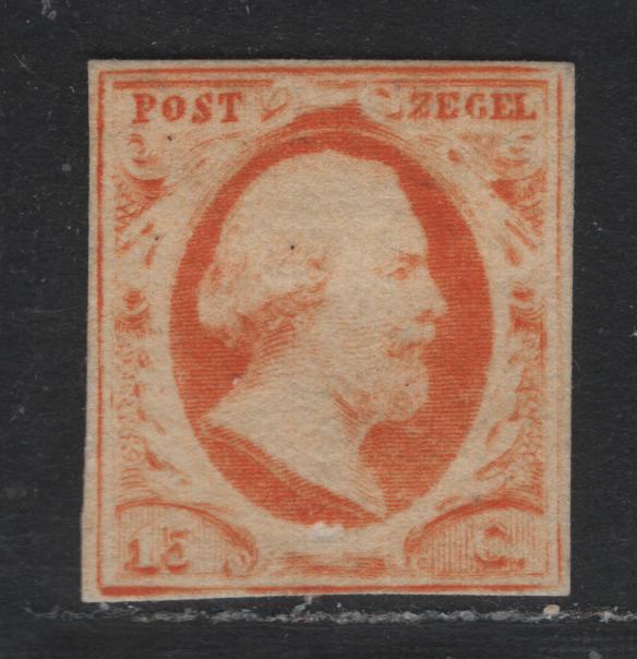 Lot 301 Netherlands SC#3 15c Orange Yellow , 1852 King William III Sideface Issue, A Fine Unused Single, 4 Close But Clear Margins, No Gum