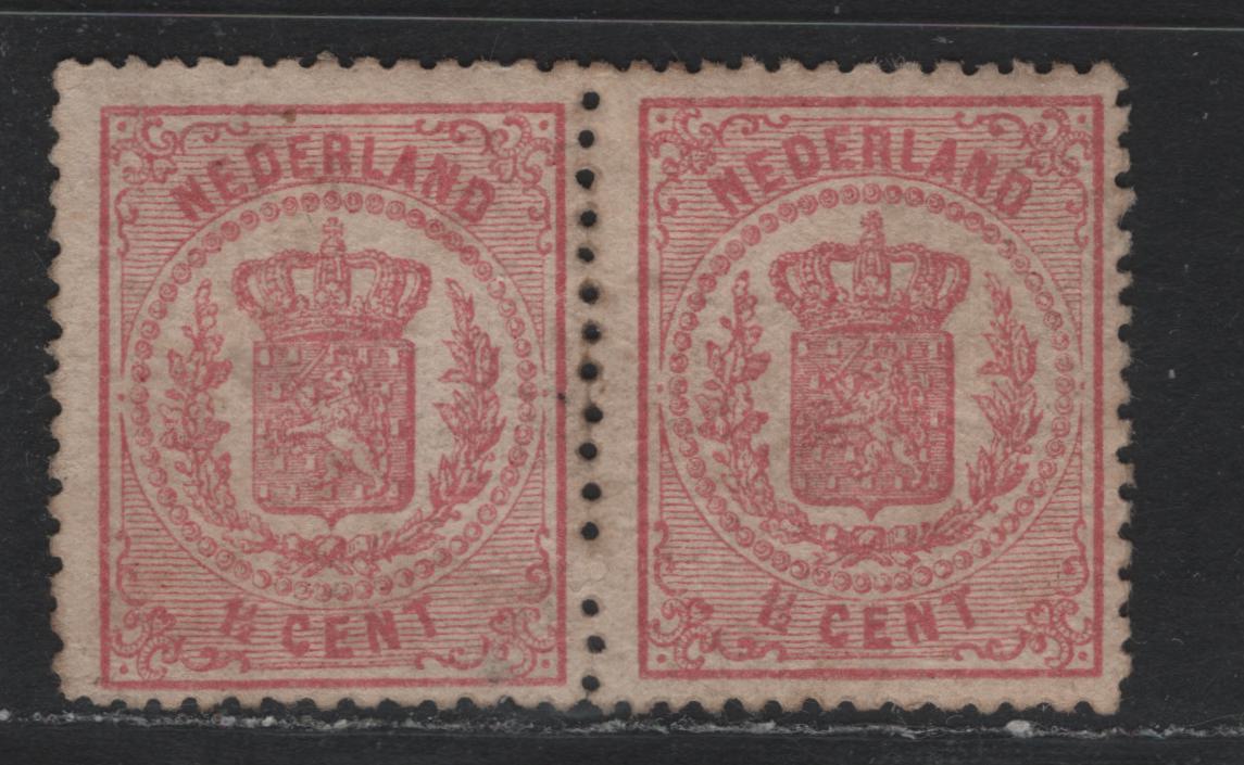 Lot 307 Netherlands SC#20 1.5c Rose , 1869-1871 Arms Issue, A VG/FOG Pair, Comb perf 13.25, Mint OG, Shallow Thin on Left Stamp.
