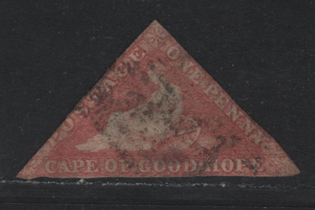 Lot 325 Cape of Good Hope (C) SG#5a 1d Rose , 1855-1863 Reclining Hope Triangular Issue, A Used Spacefiller Single, No Margins To Speak Of Just In To 'P' Of Postage At Left, Two Deep Thins