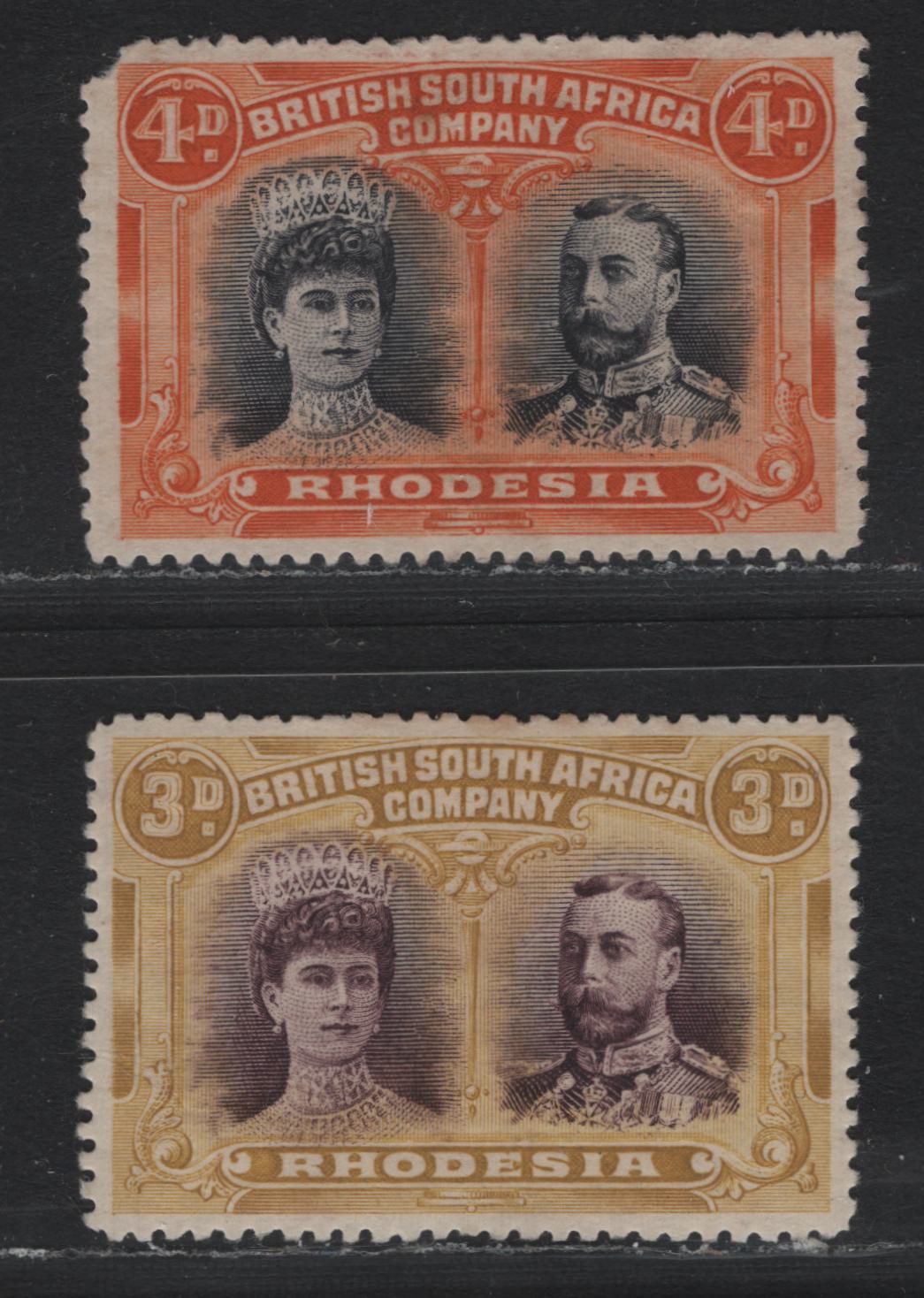 Lot 332 British South Africa Company (C) SG#134, 140 3d - 4d Purple & Ochre - Black & Orange , 1910-1913 KGV Double Heads Issue, 2 VFOG Singles, Perf 14, Minor Tone Spot On One Perf of 3d, 4d Has No Gum & Pulled UL Corner, So Not Counted.
