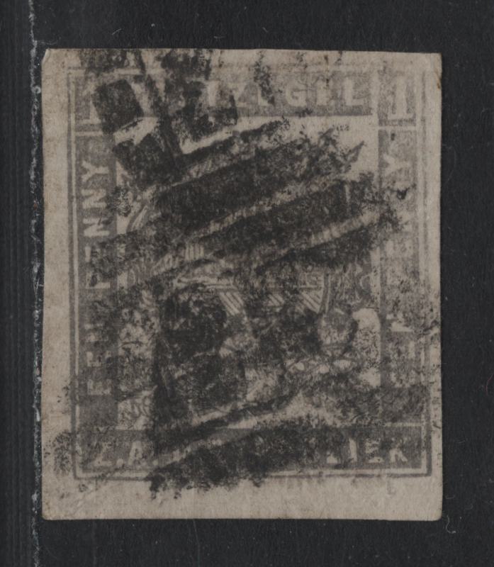 Lot 333 Transvaal SG#21 1d Black , 1870-1871 Arms Issue, A Very Good Used Imperf Single, Two Grid Cancel Strikes, Light Diagonal Crease