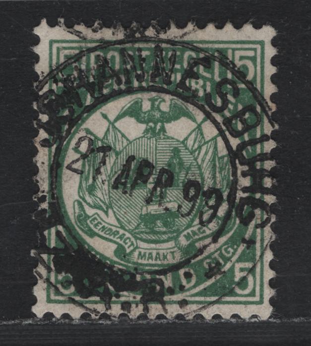 Lot 334 Transvaal SG#187R £5 Deep Green , 1893 Emblem Issue, A Very Fine Used Single, 1911 Reprint From Original Plates, Perf 12.5 Clean Cut With Large Holes, Backdated April 21 1899 Johannesburg Cancel Applied.