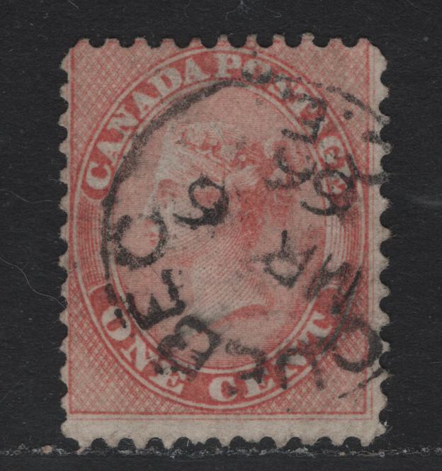 Lot 338 Canada (C) #14 1c Rose , 1859-1864 First Cents Issue, A Very Good Used Single, VF Centered (Almost Fine), Cents-C Paper, Perf 11.75, March 6 1866 Quebec CDS Cancel.