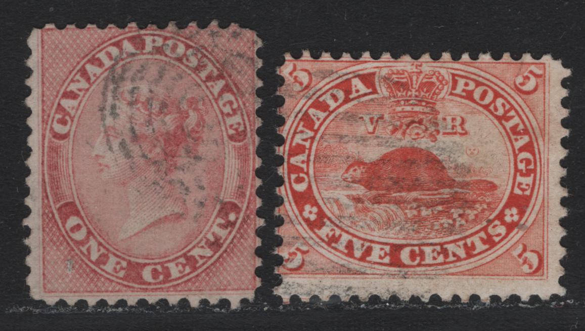 Lot 339 Canada (C) #14viii, 15 1c - 5c Rose - Vermillion , 1859-1864 First Cents Issue, 2 Very Good/Fine Used Singles, Cents-PP & Cents-E Paper, Perf 11.75x12