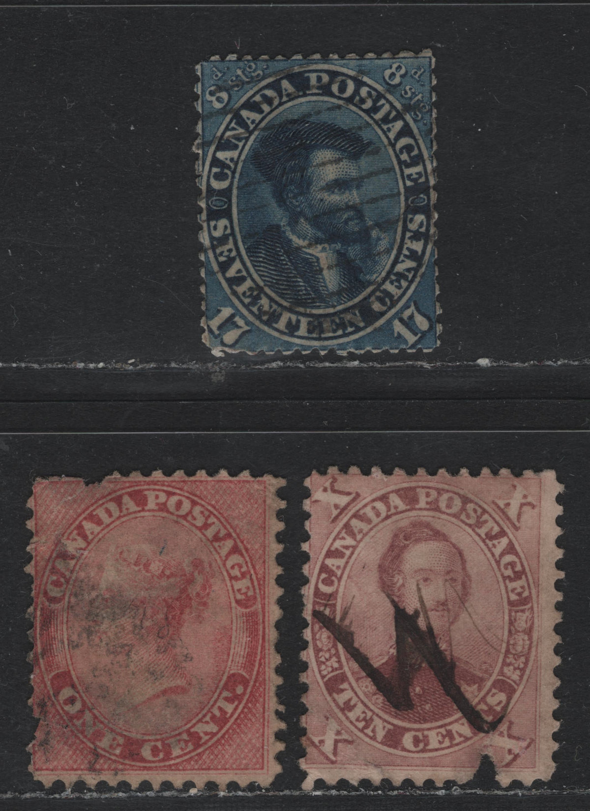 Lot 342 Canada #14, 17, 19 1c - 17c Rose - Blue , 1859-1864 First Cents Issue, 3 Ungraded Used Singles, Three Spacefillers, All Perf 12, Unchecked As to Paper, All With Severe Faults.