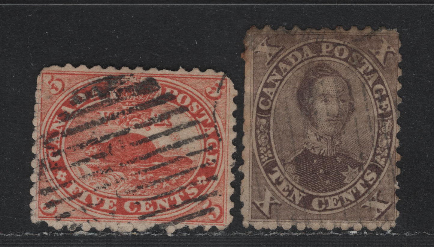 Lot 349 Canada #15, 17b 5c - 10c Vermillion - Brown , 1859-1864 First Cents Issue, 2 Ungraded Used Singles, Perf 11.75, Moderate to Severe Faults (5c - Rounded Corners, 10c Pulled Perfs & Thins), Unchecked As to Papers, The 10c Has A Patched Hole.