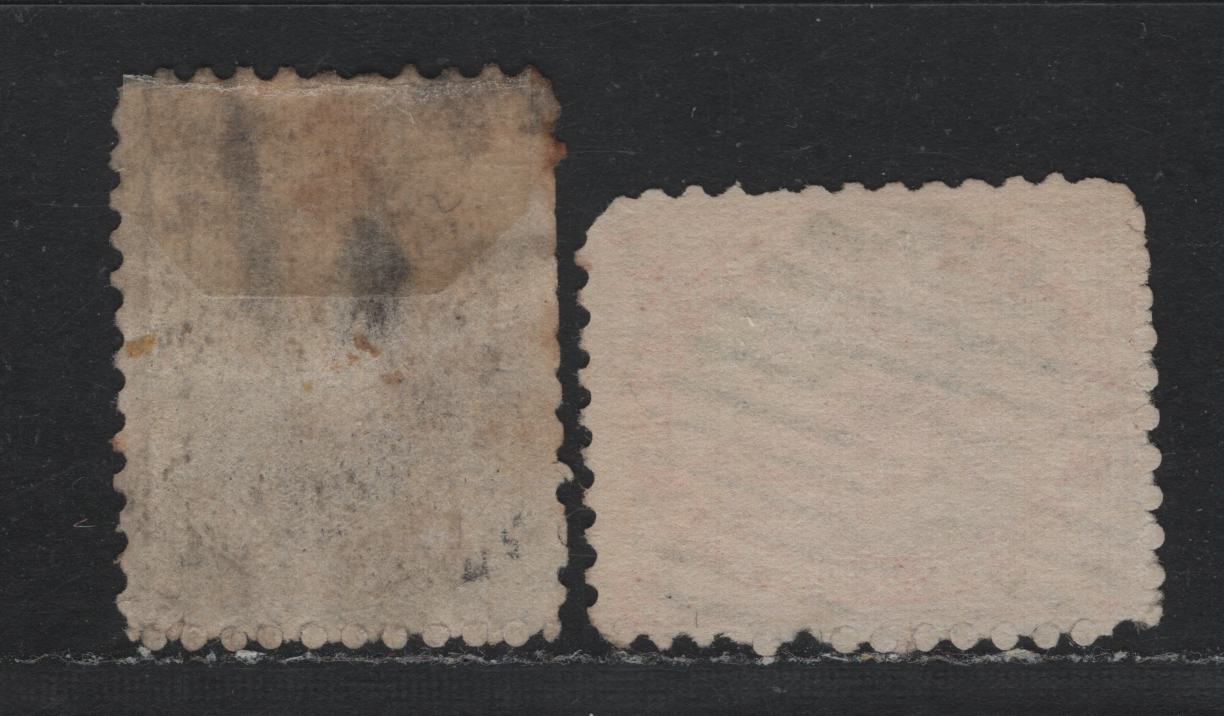 Lot 349 Canada #15, 17b 5c - 10c Vermillion - Brown , 1859-1864 First Cents Issue, 2 Ungraded Used Singles, Perf 11.75, Moderate to Severe Faults (5c - Rounded Corners, 10c Pulled Perfs & Thins), Unchecked As to Papers, The 10c Has A Patched Hole.