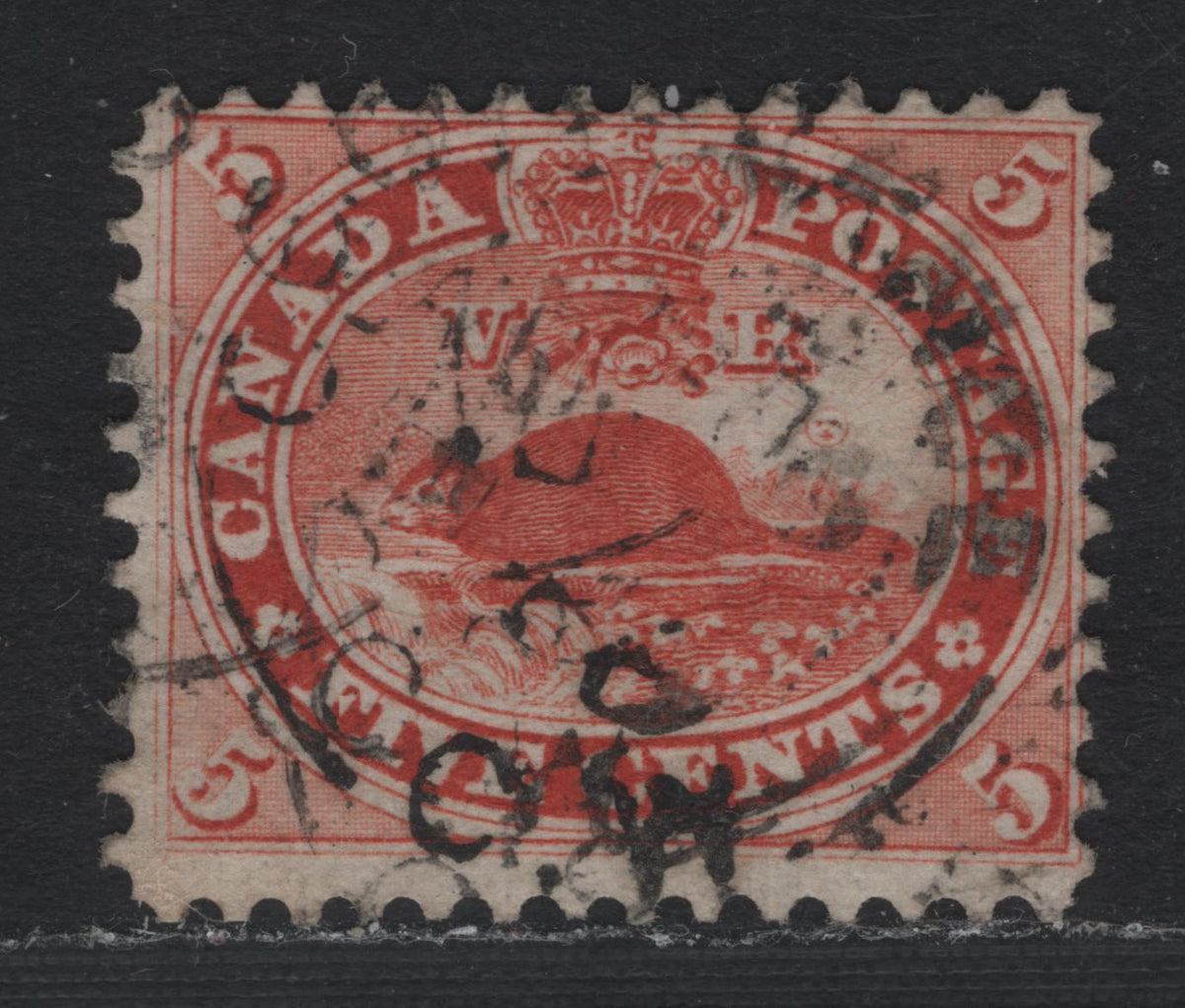 Lot 353 Canada #15 5c Vermillion , 1859-1864 First Cents Issue, A Fine Used Single, Perf 12x11.75, Cents-D Paper