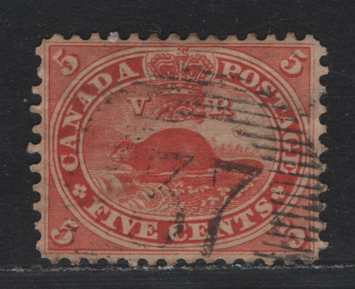 Lot 354 Canada #15 5c Vermillion , 1859-1864 First Cents Issue, A Fine Used Single, Cents-E Paper, Showing SON Strike Of Transitional #37 Duplex Grid Cancel For Quebec City
