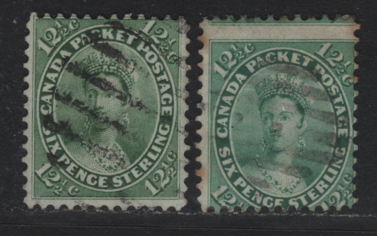 Lot 362 Canada #18ii. 18a 12.5c Green - Blue Green , 1859-1864 First Cents Issue, 2 Very Good Used Singles, Perf 12, Showing Plate Dot On The Inside Of Medallion At left, Cents-H (Green) & Cents-BB Paper.