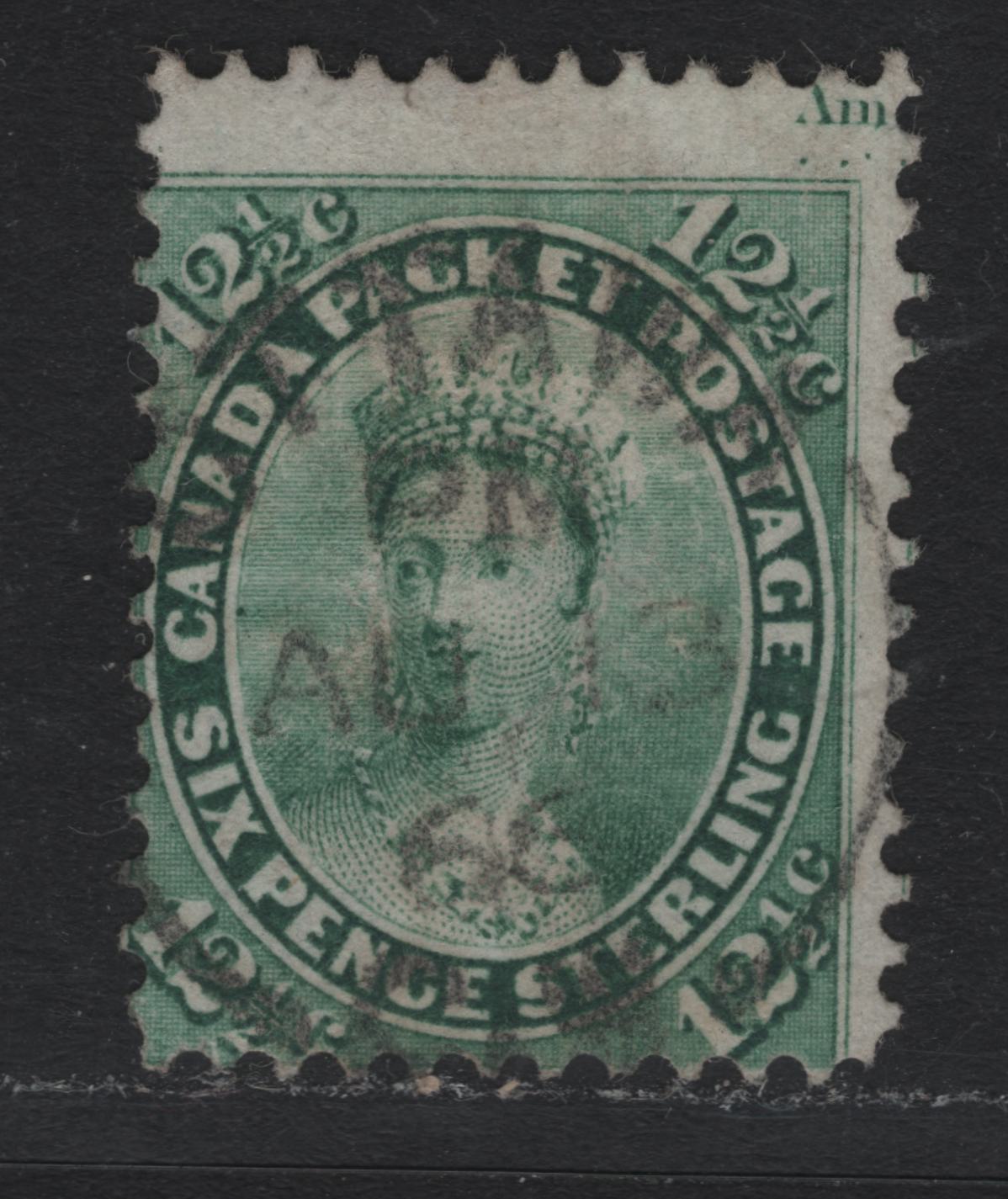 Lot 363 Canada #18vvar 12.5c Blue Green , 1859-1864 First Cents Issue, A Very Good Used Single, Unlisted Thin Paper (Cents-PPP), Showing SON August 13 1866 Ottawa Split Ring Cancel, Trace Of Imprint At UR Above 4 Plate Dots