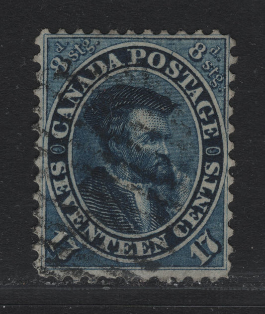 Lot 365 Canada #19 17c Blue , 1859-1864 First Cents Issue, A Very Good Used Single, Cents-C Paper, Perf 12, Showing Line Into Outer Medallion Between GE of Postage, Plate Dot Inside Left Medallion Ornament.
