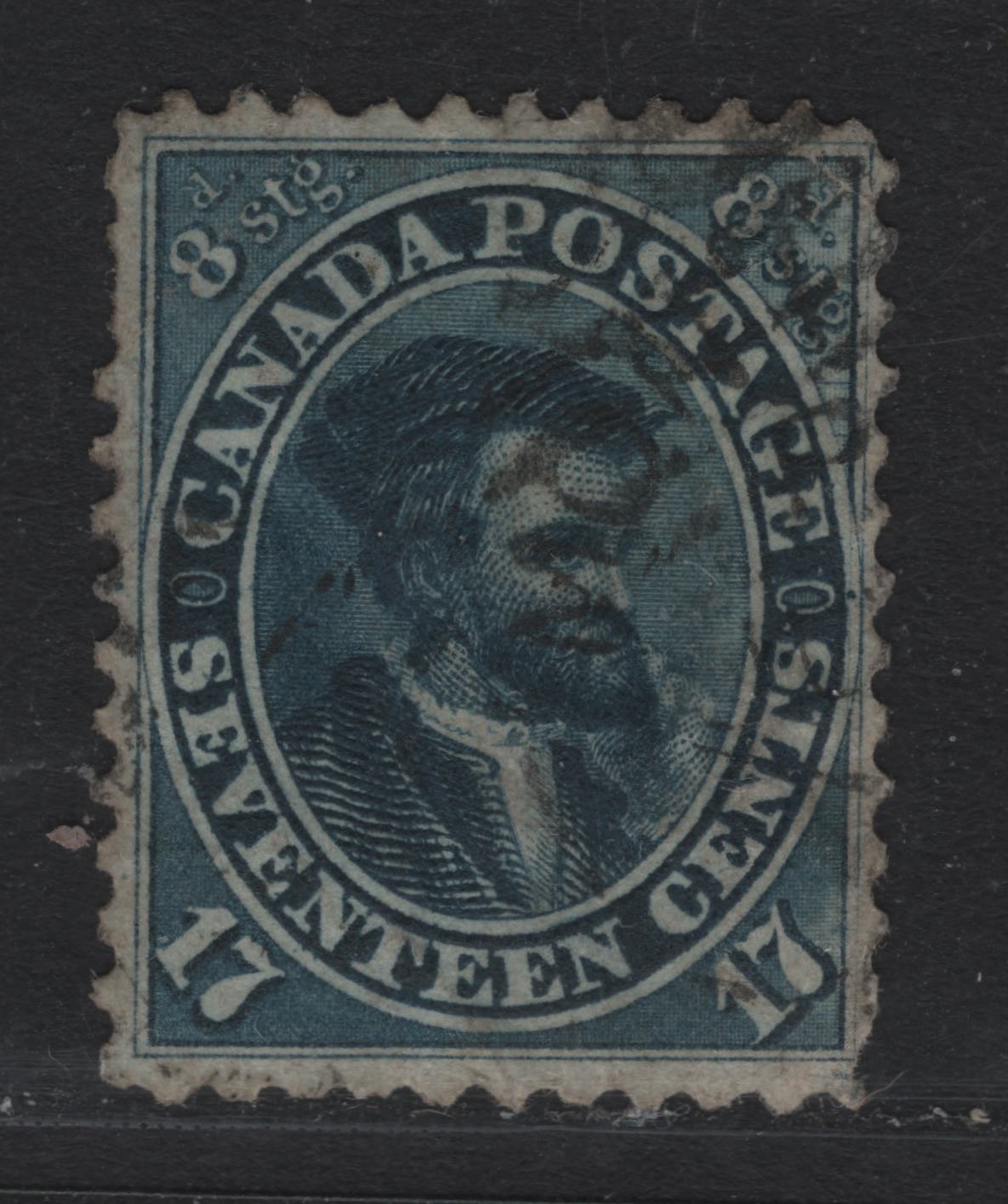 Lot 366 Canada #19a 17c Slate Blue , 1859-1864 First Cents Issue, A Fine Used Single, Cents-C Paper, Perf 11.75, Some Wrinkling & A Few Short Perfs Line Into Outer Medallion Between GE of Postage & Plate Dot Outside Medallion At Right Center.
