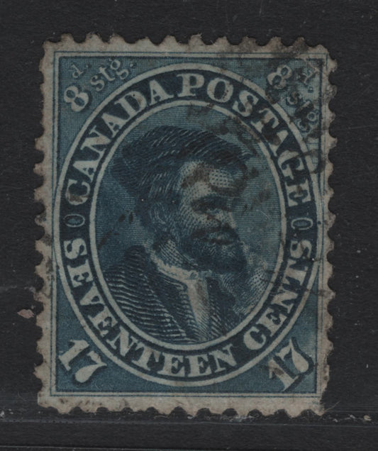 Lot 366 Canada #19a 17c Slate Blue , 1859-1864 First Cents Issue, A Fine Used Single, Cents-C Paper, Perf 11.75, Some Wrinkling & A Few Short Perfs Line Into Outer Medallion Between GE of Postage & Plate Dot Outside Medallion At Right Center.