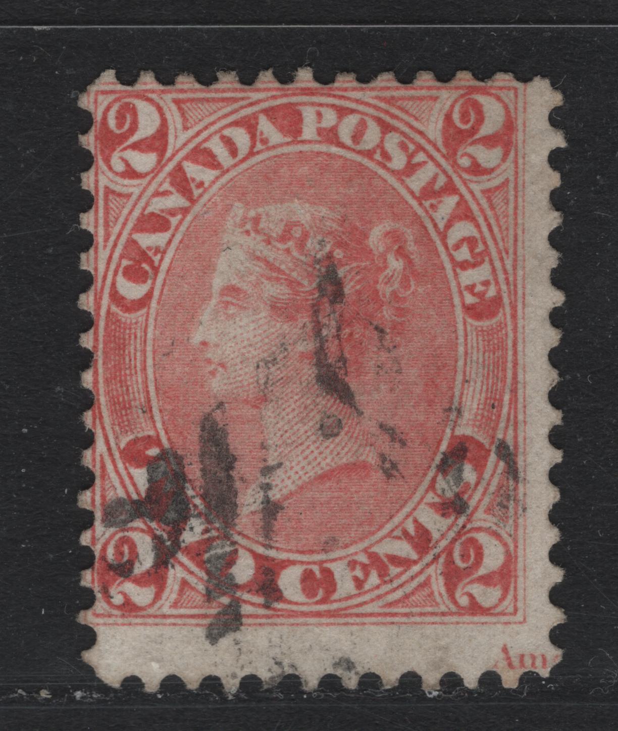 Lot 367 Canada #20iv 2c Rose , 1859-1864 First Cents Issue, A Fine Used Single, Cents-C Paper, Showing Partial Imprint At Lower Right, Perf 12.