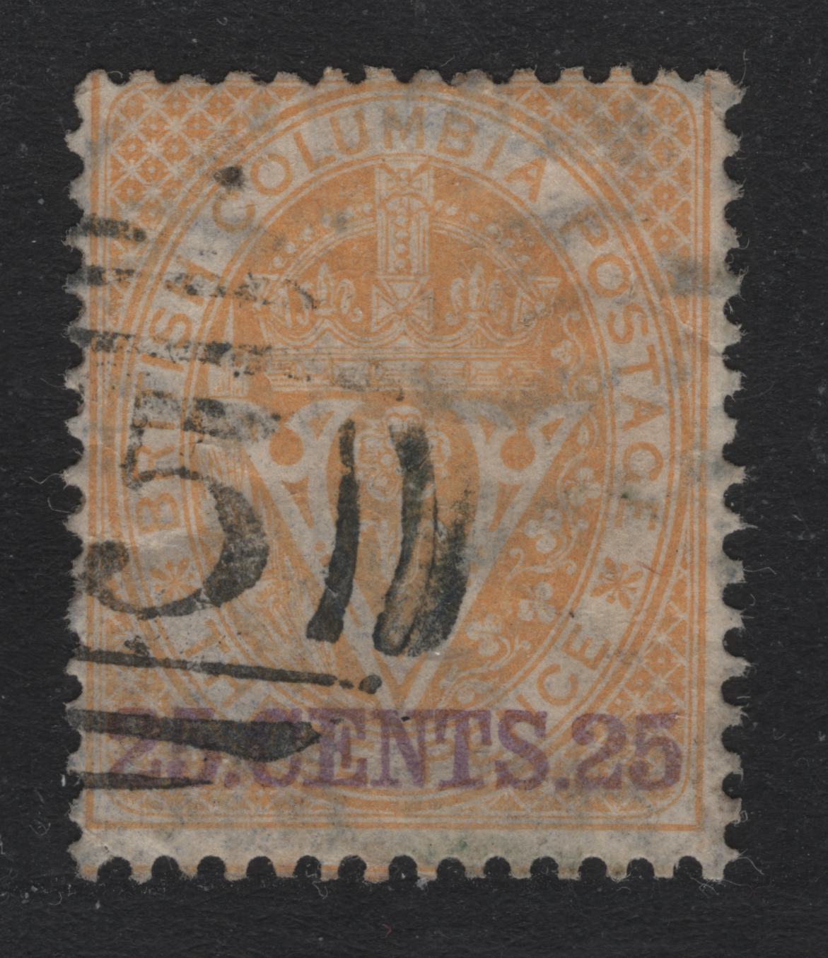 Lot 373 British Columbia (C) #11 25c on 3d Orange , 1867-1871 Surcharged Issue, A Very Good Used Single, Perf 14, Crown CC Wmk, Couple of Small, Internal Creases & Surface Rubs.