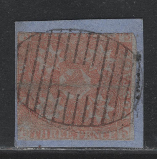 Lot 374 New Brunswick (C) #1 3d Pale Red , 1851 Pence Issue, An Ungraded Used Single, Severely Faulty Example That Appears To be Two Uncancelled Halves That Were Affixed To A Letter & Cancelled