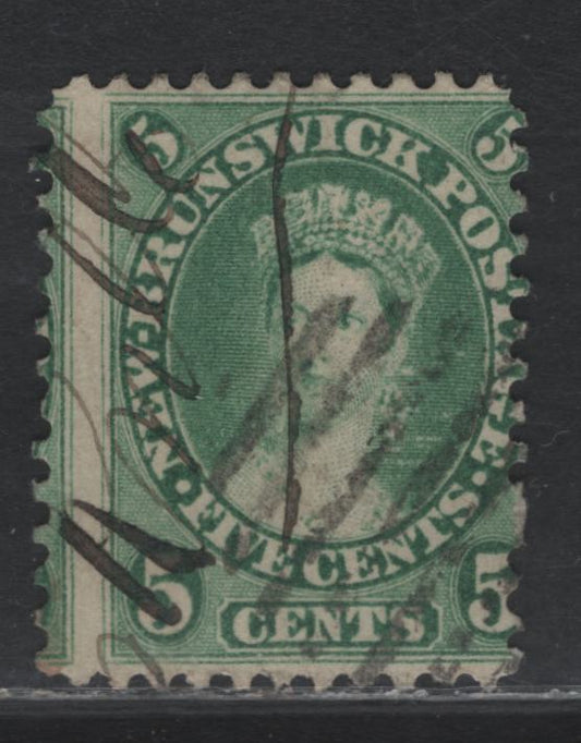 Lot 378 New Brunswick (C) #8 5c Green , 1860 Cents Issue, A Very Good Used Single, Perf 12.1x11.75, Thick Paper (Cents-RRR), Scarce, As Most Stamps Of This Shade Are On The Much Thinner & Softer Paper.