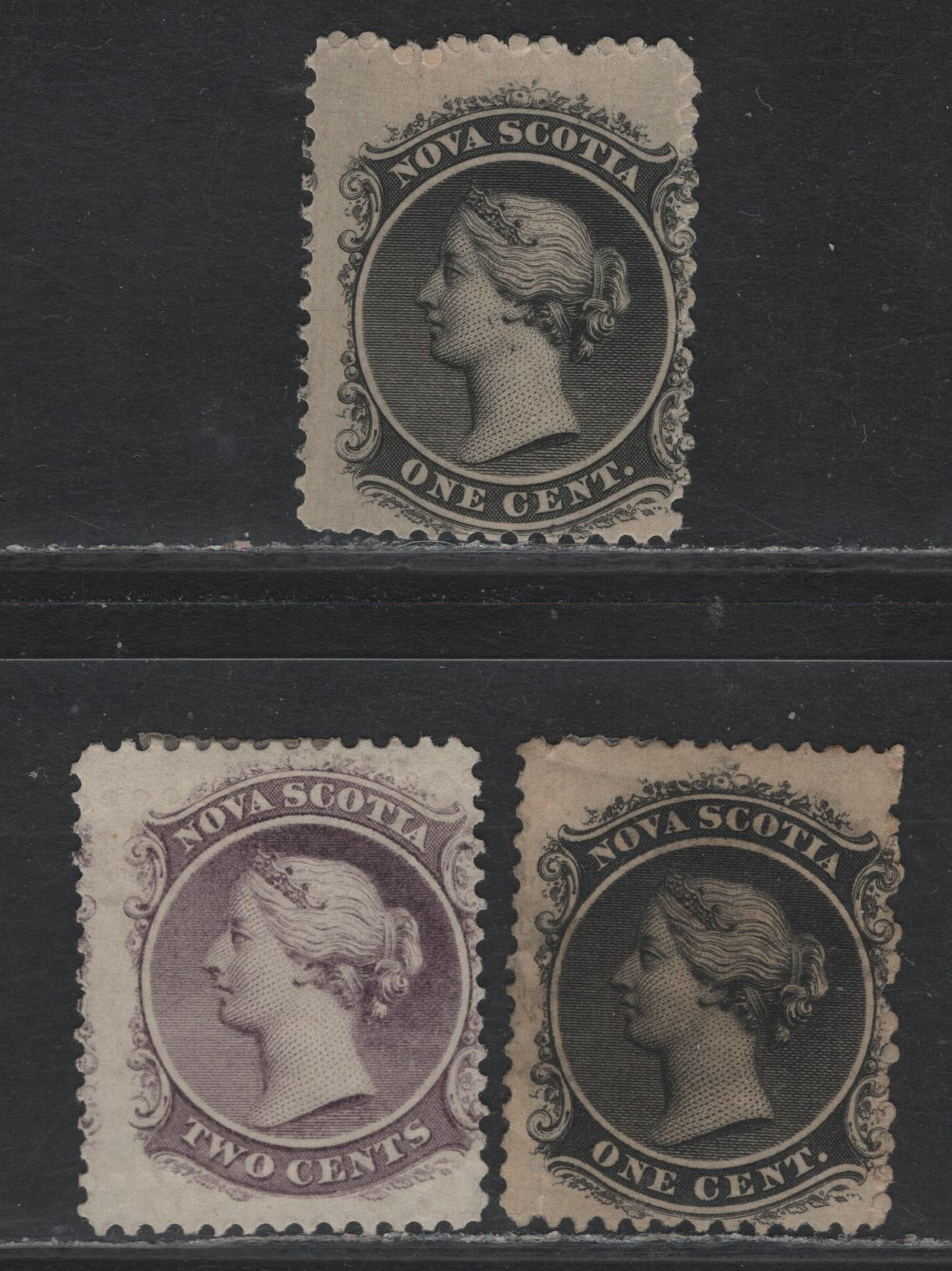 Lot 380 Nova Scotia (C) #8a, 9 1c - 2c Black - Lilac , 1860-1863 Queen Victoria Issue, 3 VG/FOG Singles, Cents-G & Cents-H Paper, Perf 11.75 & 11.75x12, Intense Black Shade Has A Small Tear At LL Corner.