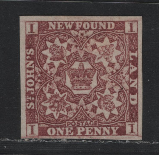 Lot 386 Newfoundland (C) #1 1d Brown Violet , 1857 Floral Issue, A VFPOG Single, Dry Printing, 22x22.5mm, Thick Porous Wove Paper, 3 Full Margins With Bottom Being Clear But Close At Lower Left. There Is Large Part Original Gum.