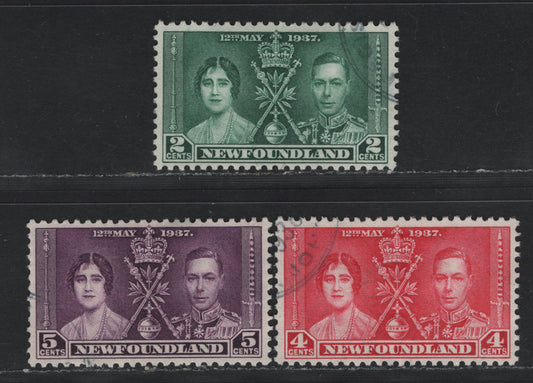 Lot 390 Newfoundland #230-232 2c - 5c Myrtle Green - Plum , 1937 Coronation 'Omnibus' Issue, 3 VFOG Singles