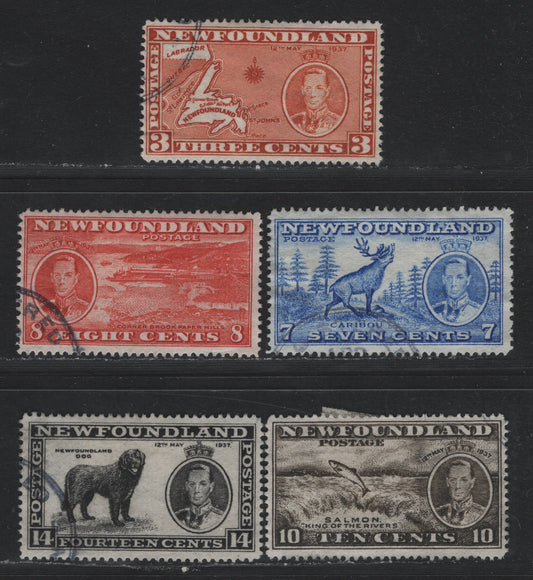 Lot 393 Newfoundland #234-238 3c- 14c Orange Brown - Black , 1937 Long Coronation Issue, 5 Fine/Very Fine used Singles, Line Perf 14.25