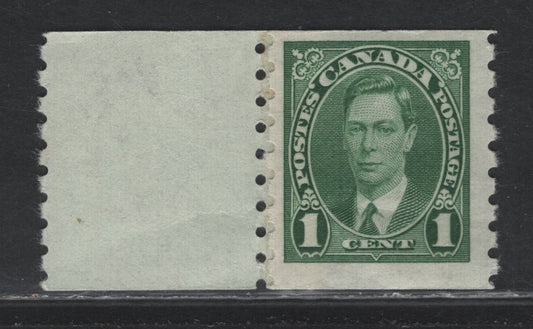 Lot 397 Canada (C) #238 1c Green , 1937 KGVI Coil Issue, A FNH Start Pair, CBN-III Paper, Perf 8 Vertical, Rotary Bar Perforated, Two Gum Wrinkles.