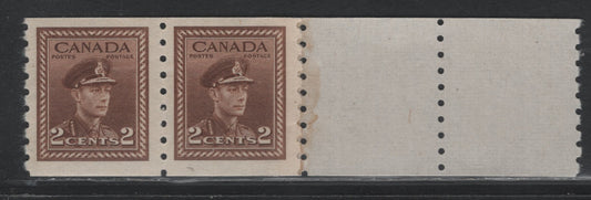 Lot 398 Canada (C) #264 2c Brown , 1942-1943 KGVI War Issue Coils, A VFNH Coil & Strip Of 2 Stamps & 2 Tabs, Perf 8 Vertical, CBN-LLLLLL Paper.